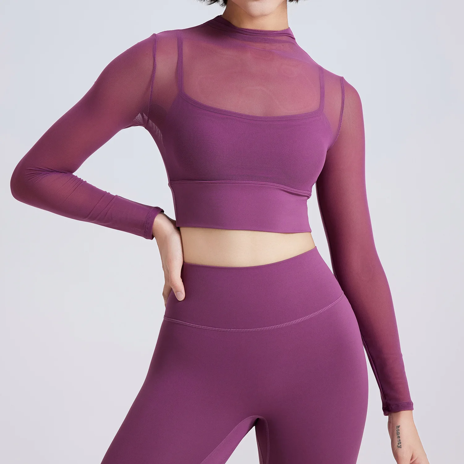 INLUMINE Sexy Mesh Yoga Wear Long Sleeves With Chest Pad Running Quick-Drying Sports Bra Integrated Fixed Cup Fitness Wear Top