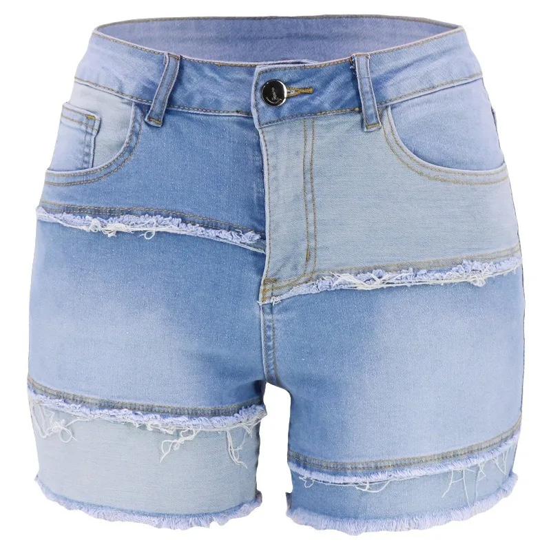 

Denim Shorts 2026 Casual Fashion French Style Patchwork Color Block Bell Bottom Shorts for Women New Short Jeans Feminino