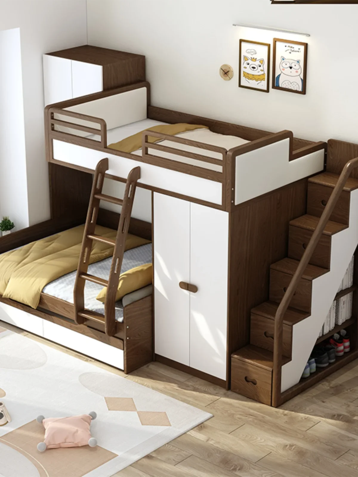 Mother-child bed with wardrobe Multifunctional bunk bed Small-sized children's bunk bed with solid wood bunk bed.