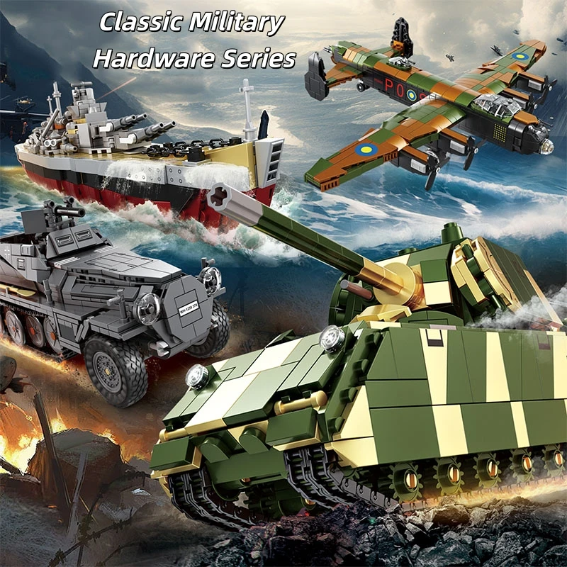

Classic Military Hardware Building Blocks Heavy Tank Transport Vehicle Battleship Bomber DIY Assembly Toy For Kids Boy Best Gift