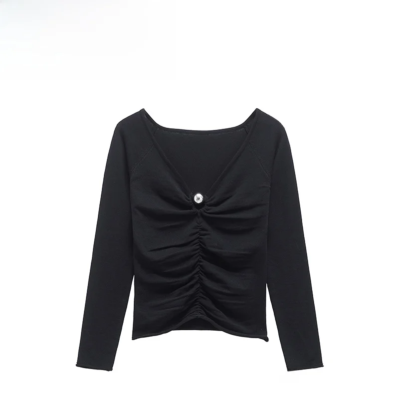 

ZAB Autumn New Women's Faion Knitted Casual Ball Decoration Pleated Top Street Sle Long Sve V-Ne Polyester Fiber