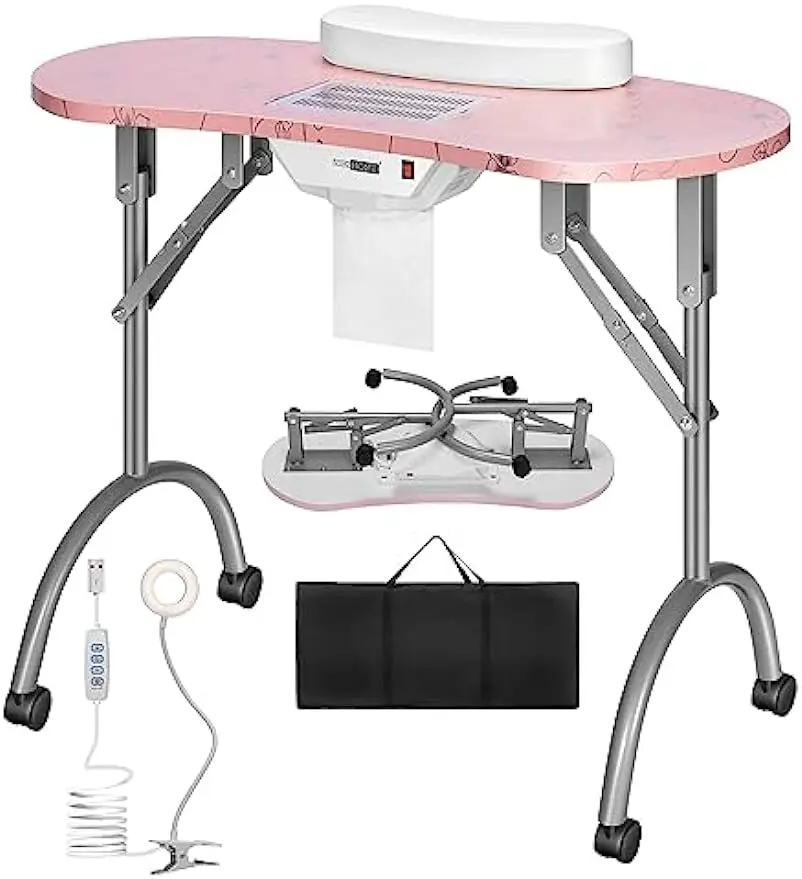 Portable Manicure Nail Table on Wheels with Built-in Dust Collector, Updated USB-Plug LED Table Lamp