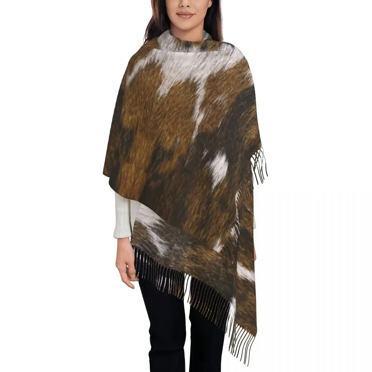 Cowhide Tan Animal Print Tassel Scarf Women Soft  Hide Fur Texture Shawls Wraps Ladies Winter Scarves