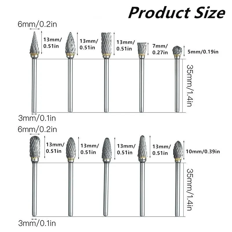 10pcs Tungsten Carbide Burr Set Compatible with 3mm Shank Diameter Die Grinder Rotary Tool Rasp Bits Accessories