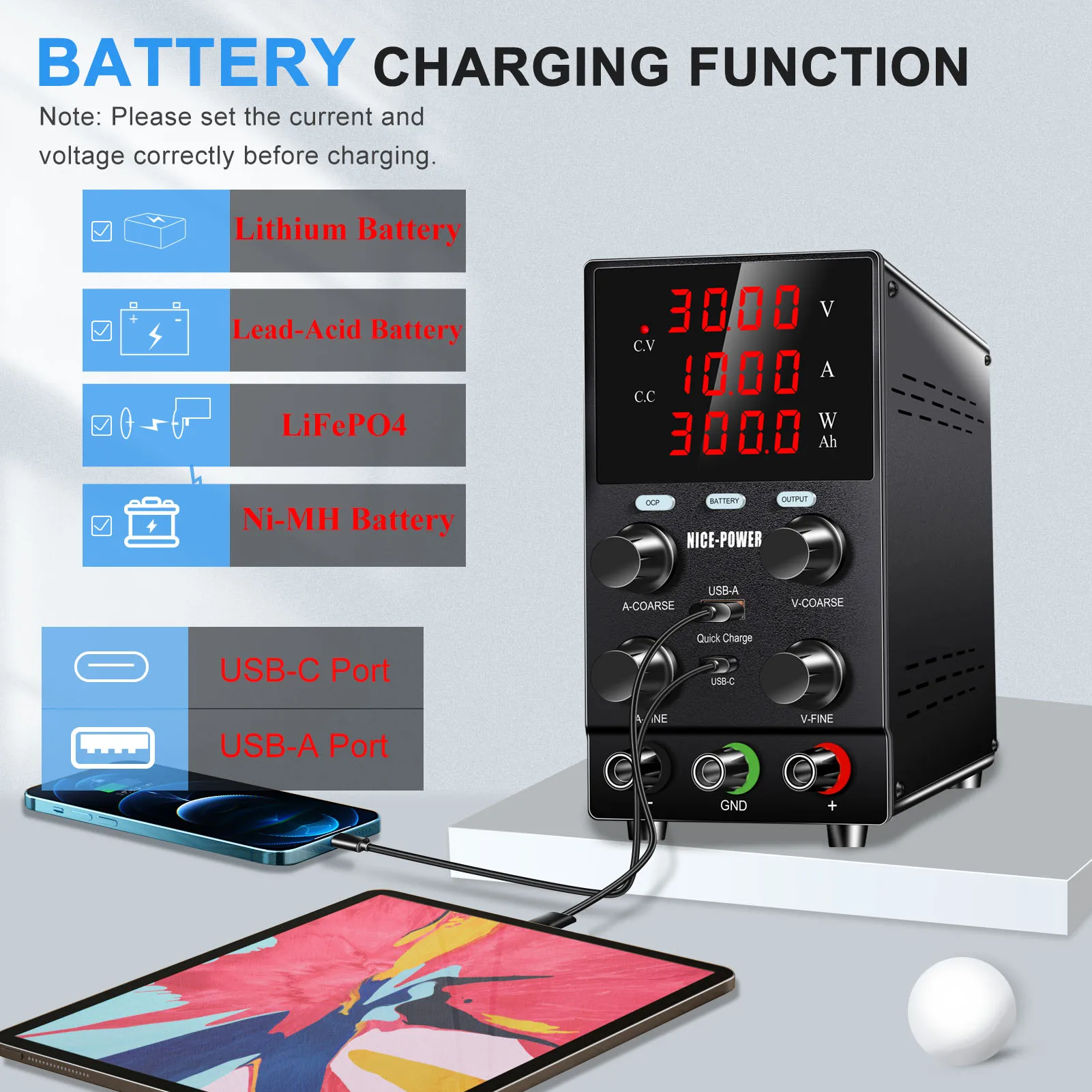 

30V 10A Battery Charging DC Laboratory Power Supply 60v 5a 120v 3a With Type-C Port, Adjustable Bench Source Voltage Regulator