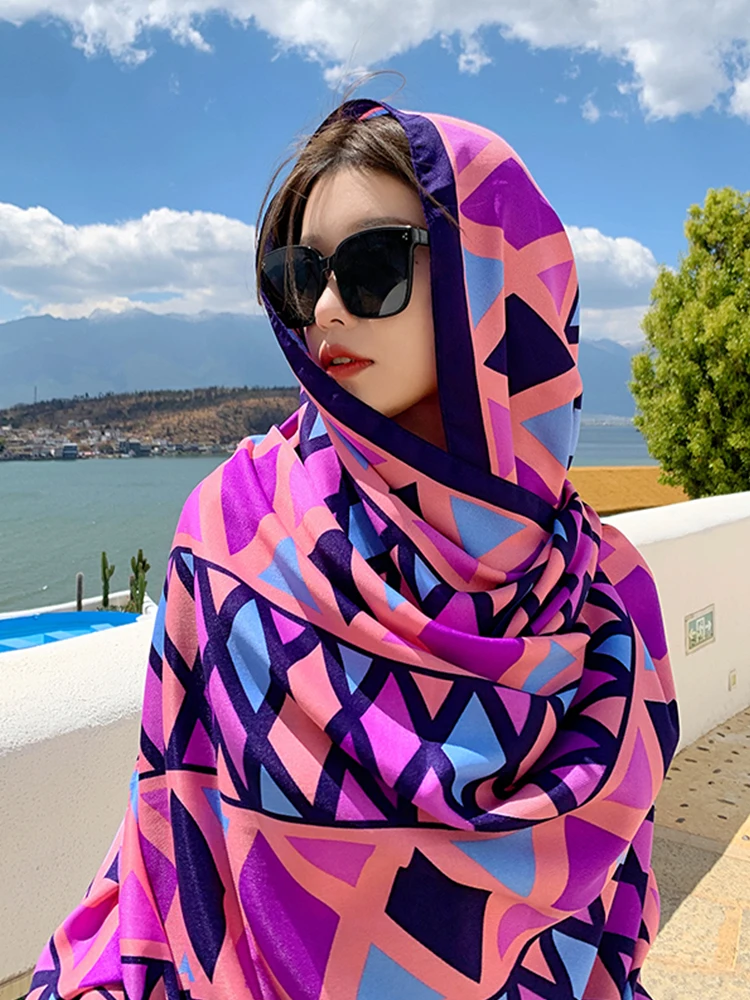 Summer Elegant Women Silk Scarf Beach Wrap Shawl Vintage Plaid Print Lady Sunscreen Bandana Long Hijab Mujer Boho Scarve Pareo