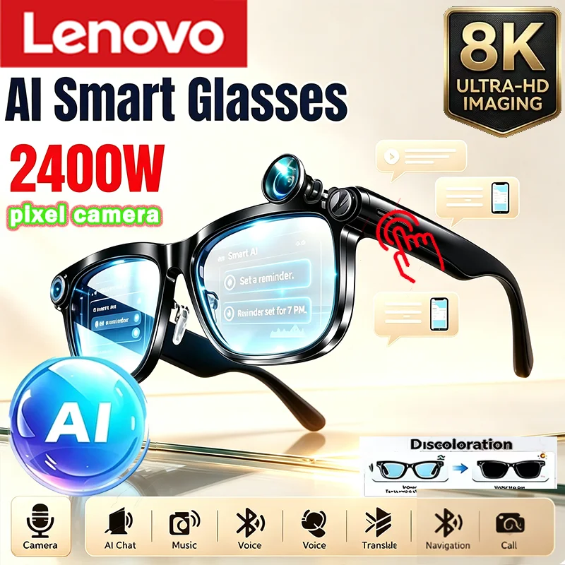 Lenovo Wireless Bluetooth AI Smart Glasses Remote Control 8K HD Photo Call Music Sports Sunglasses Men and Women Leisure Gifts