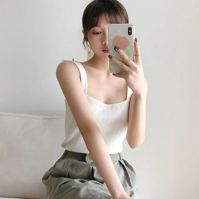 Summer Women Korean Style Fashion Sexy Solid Slim Sexy Fresh Solid Color Knit Camisole Brick Red Bottoming Vest