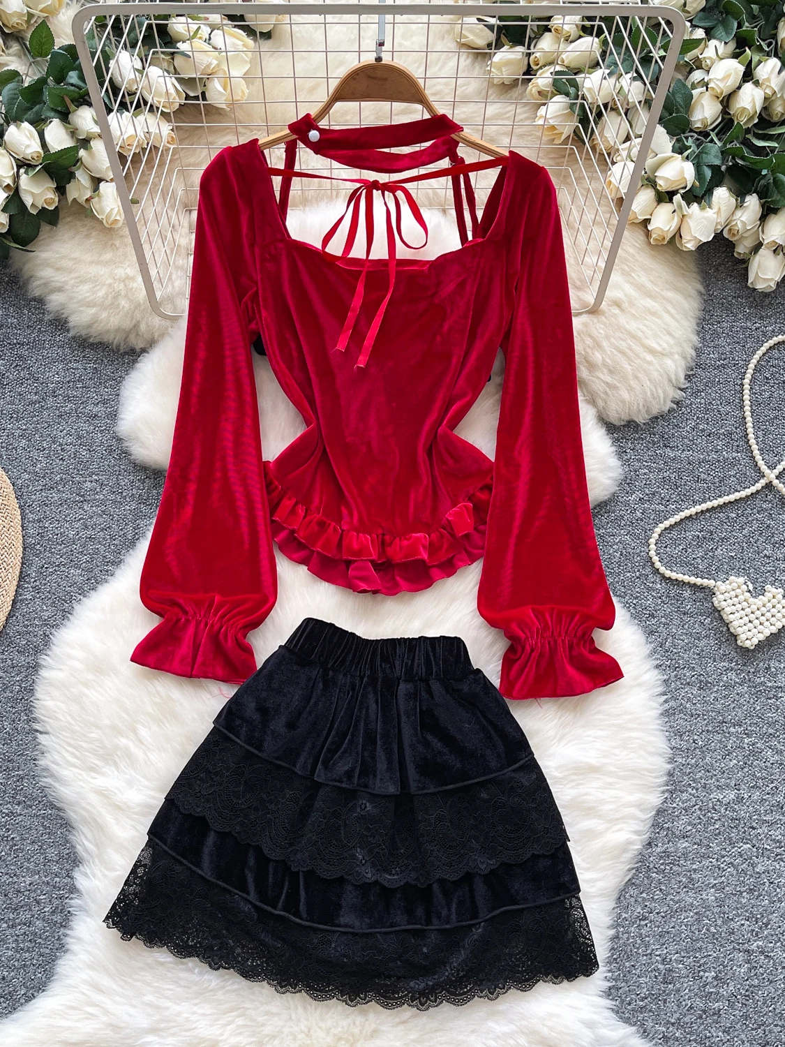 

Бархатный топ Ele Color Blo с кружевной юбкой с высокой талией для женщин, длинный све, двухцветный, с подвесным узлом