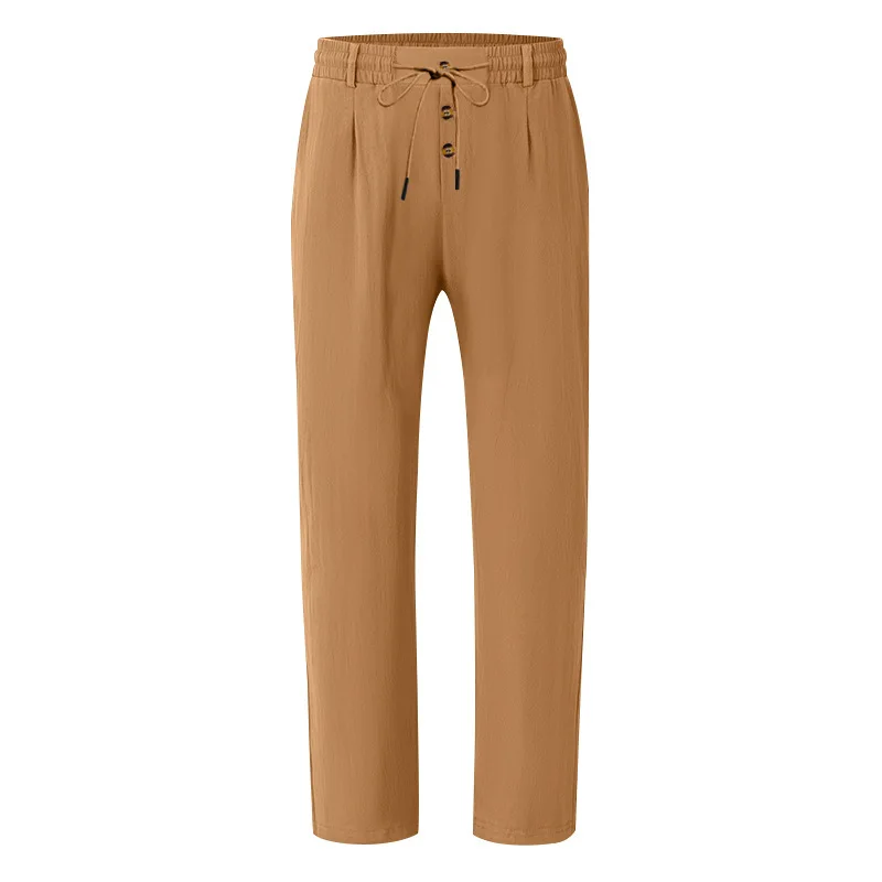 Herren Boho Leinenmischung Weite Hose mit Hoher Taille, Kordelzug, Knopfleiste, Lockerer Passform und Seitentaschen – Detail 40