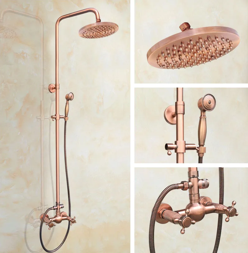 

Antique Red Copper Wall Mounted Bathroom Shower Faucet Set Rainfall/Handheld Shower Hot And Cold Water Mixer Taps Kit Drg523