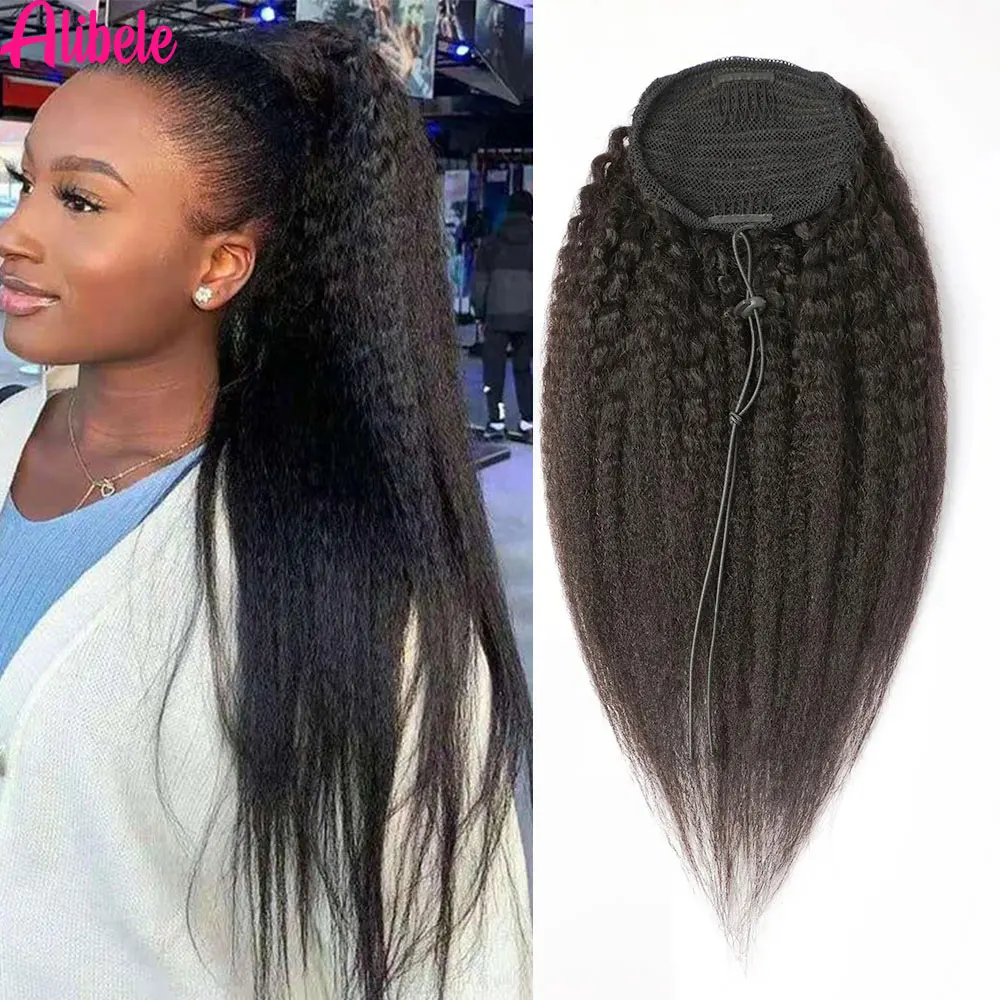 

Alibele Hair Kinky Straight Ponytails Human Hair Yaki Straight Drawstring Ponytails Clip in Hair Extensions For Women 105grams