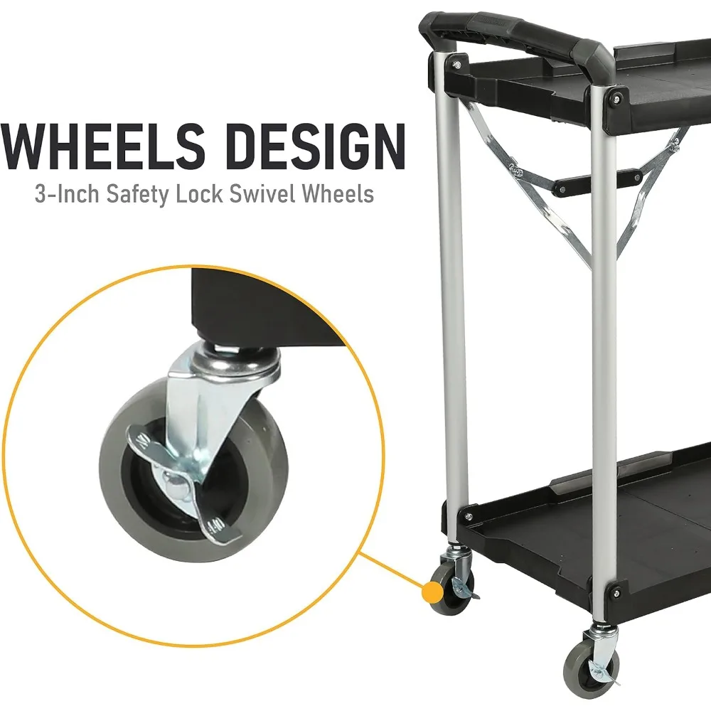 Olympia Tools 89-356 Folding Service Cart, Black, 50 lbs. Load Capacity per Shelf, 2-Tier Storage