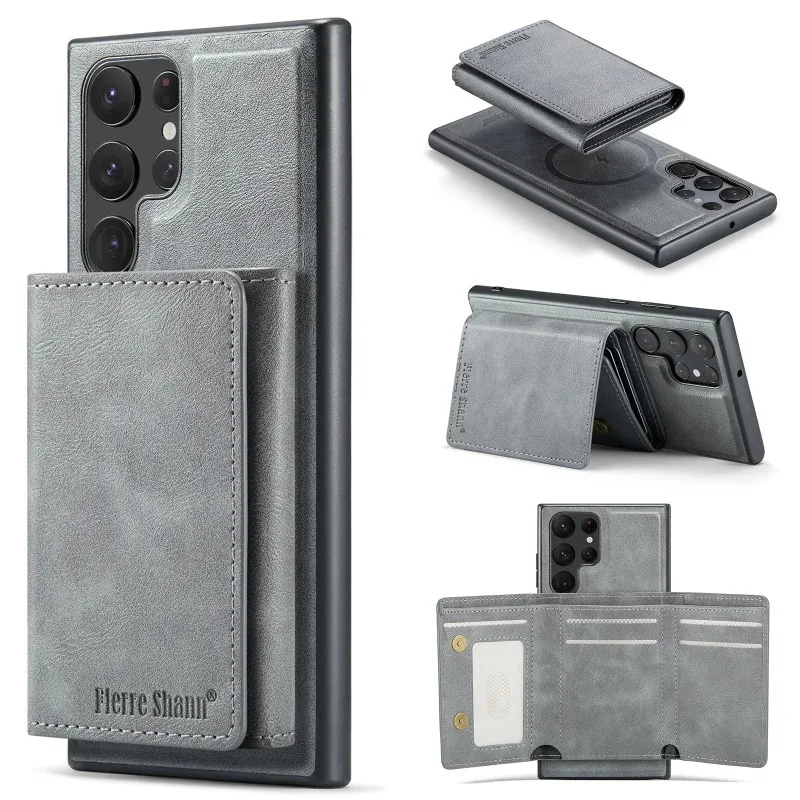 Magnetic Solid Color Fold Wallet Card Slot Bracket Leather Phone Case For Samsung S25 S23 S22 S24 Ultra Plus