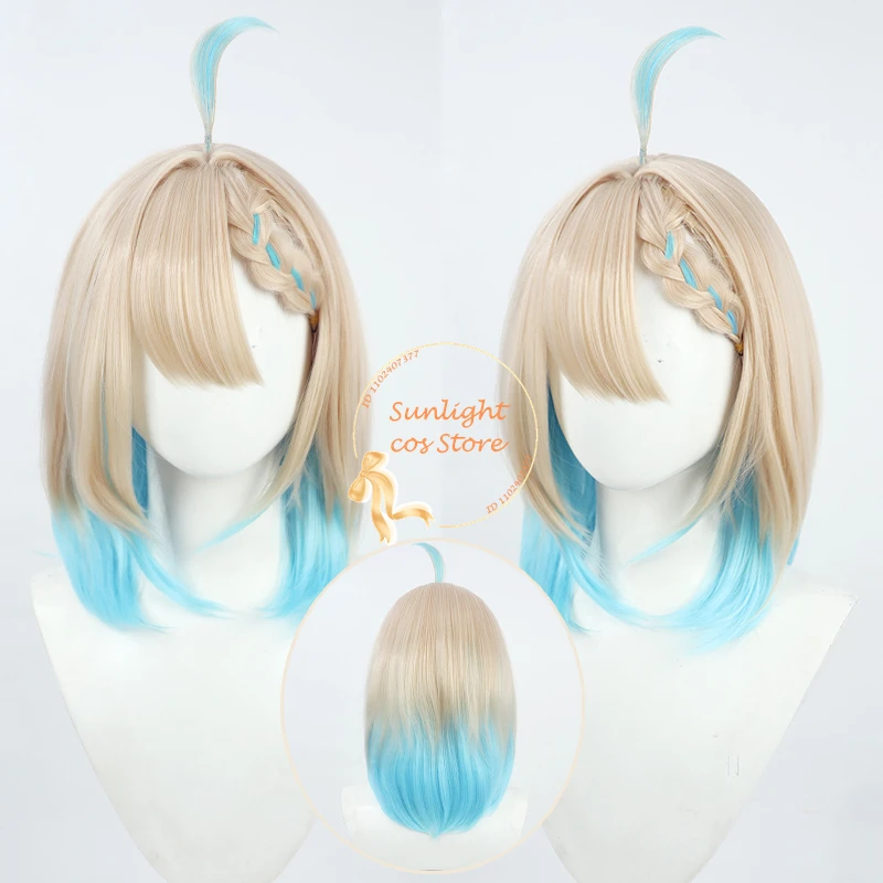 

VTuber Enna Alouette Cosplay Wig 40cm Short Wigs With Pre Braided Blonde Mixed Blue Heat Resistant NIJISANJI EN Wigs + Wig Cap