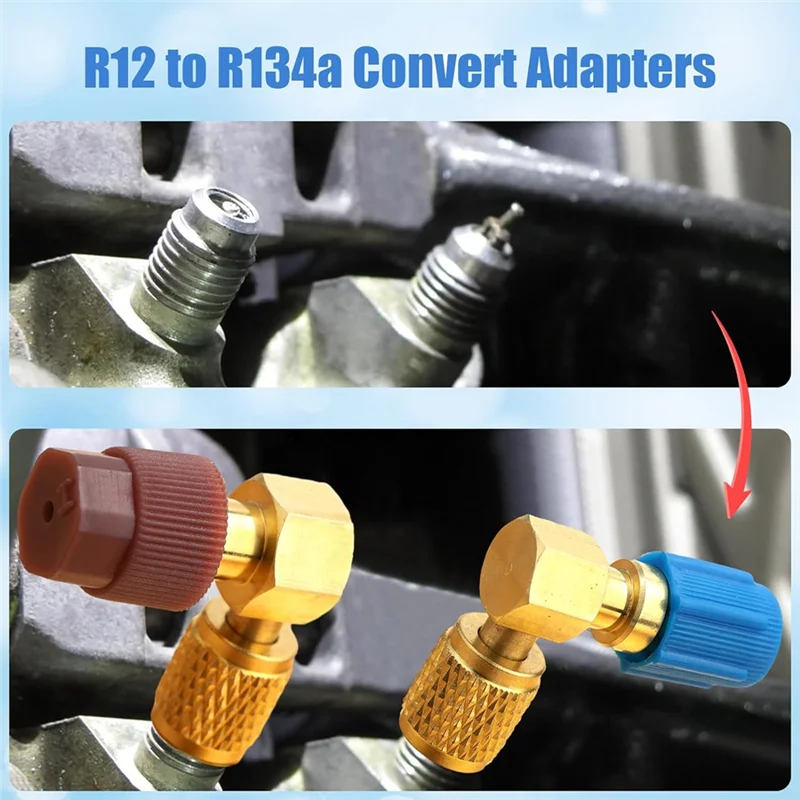 

ABBN-R12 To R134A AC Fitting Conversion Adapter Kit, Quick Coupler Valve A/C 90° Port Retrofit Adapter High/Low Pressure