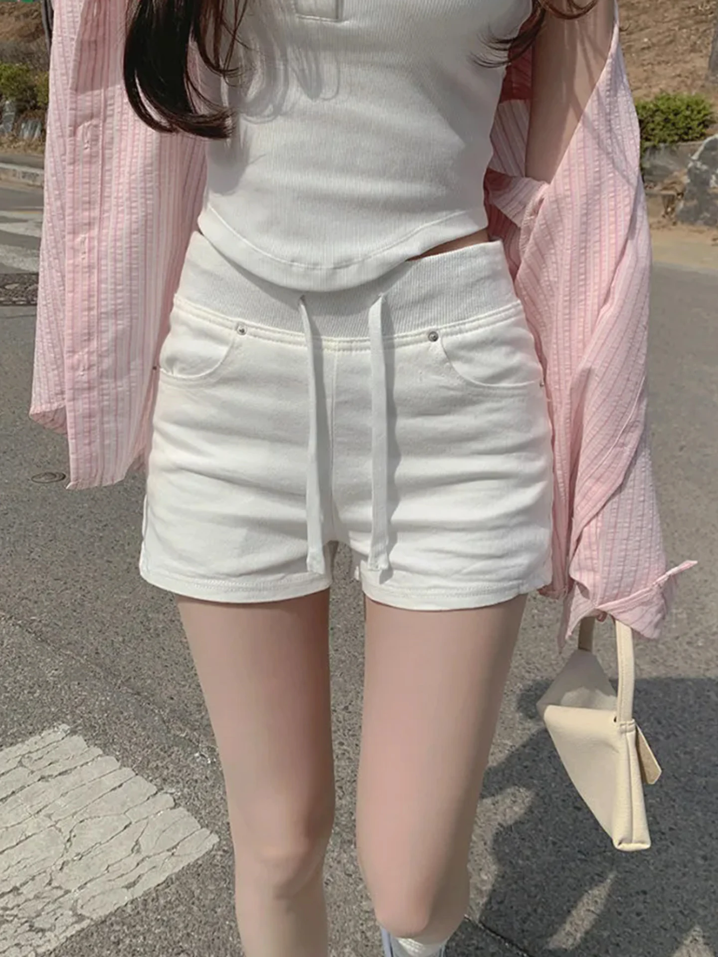 

Retro Patchwork Belted Denim Shorts Women's Summer New Small Size High Waist Slimming Casual Pants Hot Shorts Commute Style