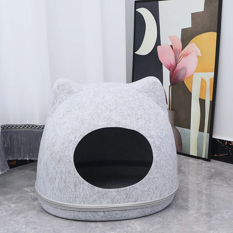 Easy To Remove And Clean Cat Bed Pets House Natural Felt Pet Cat Cave Zipper Design Washable Cave Cats Beds Puppy Cat Supplies