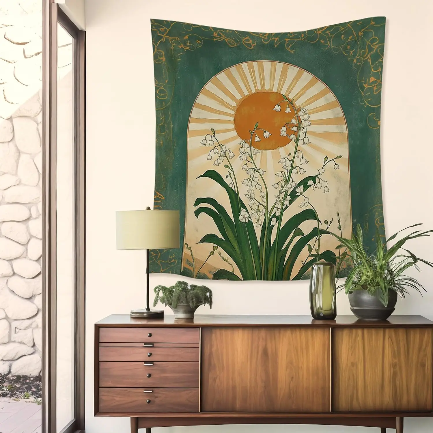 Emerald Green Lily of the Valley Boho Sun Tapestry,Mystical Folk Botanical Wall Tapestries, Vintage Boho Sunshine Flower Hanging