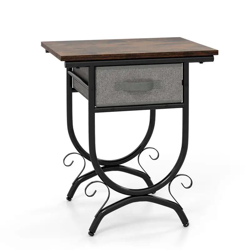 

Side Table with Fabric Drawer and Carved Metal Frame for Living Room