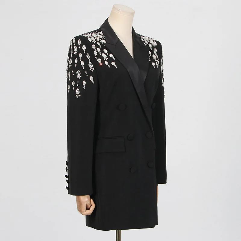 HKSH ฤดูใบไม้ร่วงใหม่ผู้หญิงแฟชั่น Elegant Heavy Craft Studded เพชรแขนยาว Double Breasted Pocket Coat Stylish Blazer HK8455