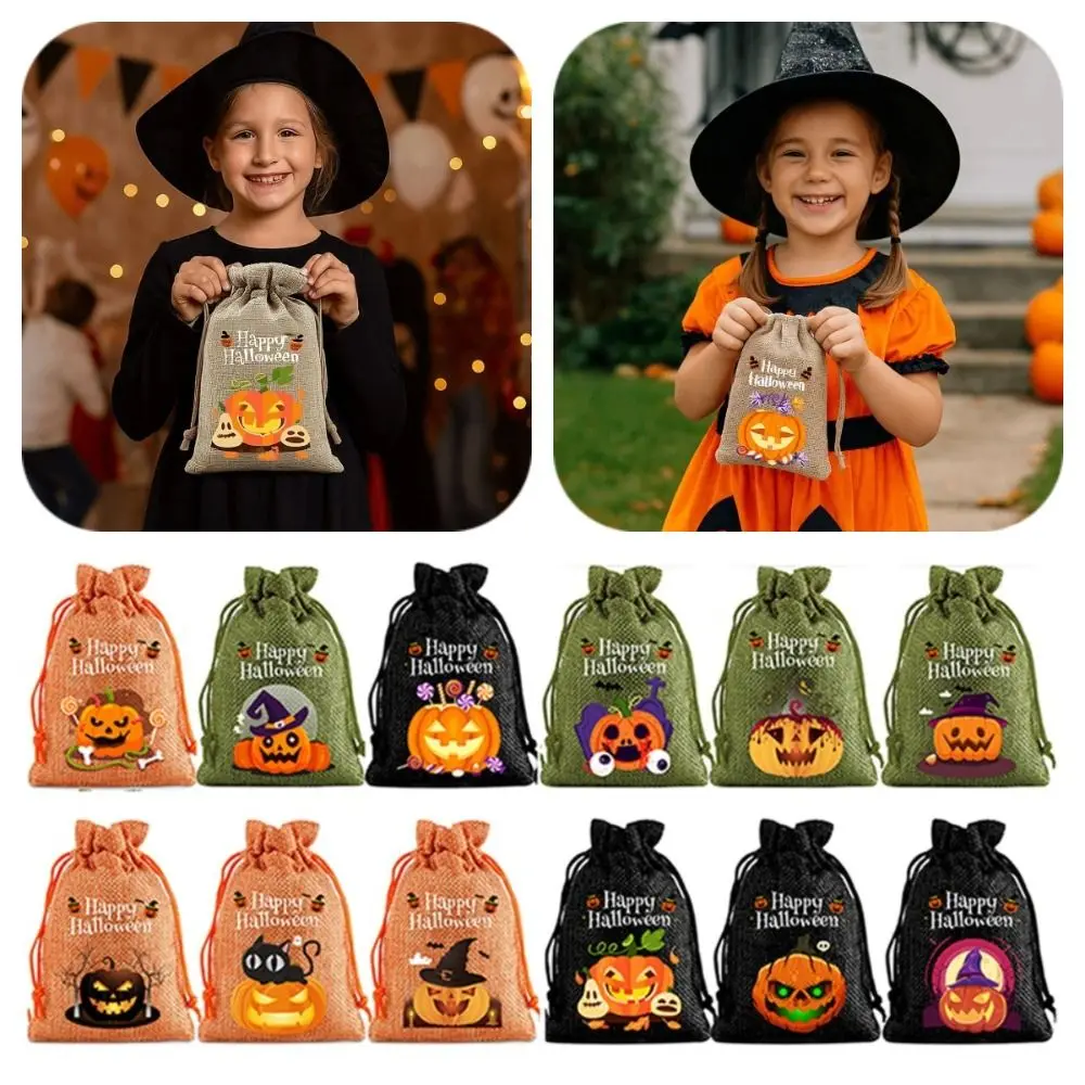 

12Pcs Pumpkin Ghost Halloween Linen Drawstring Bags Creative Handheld Trick or Treat Candy Bag Portable Party Prop