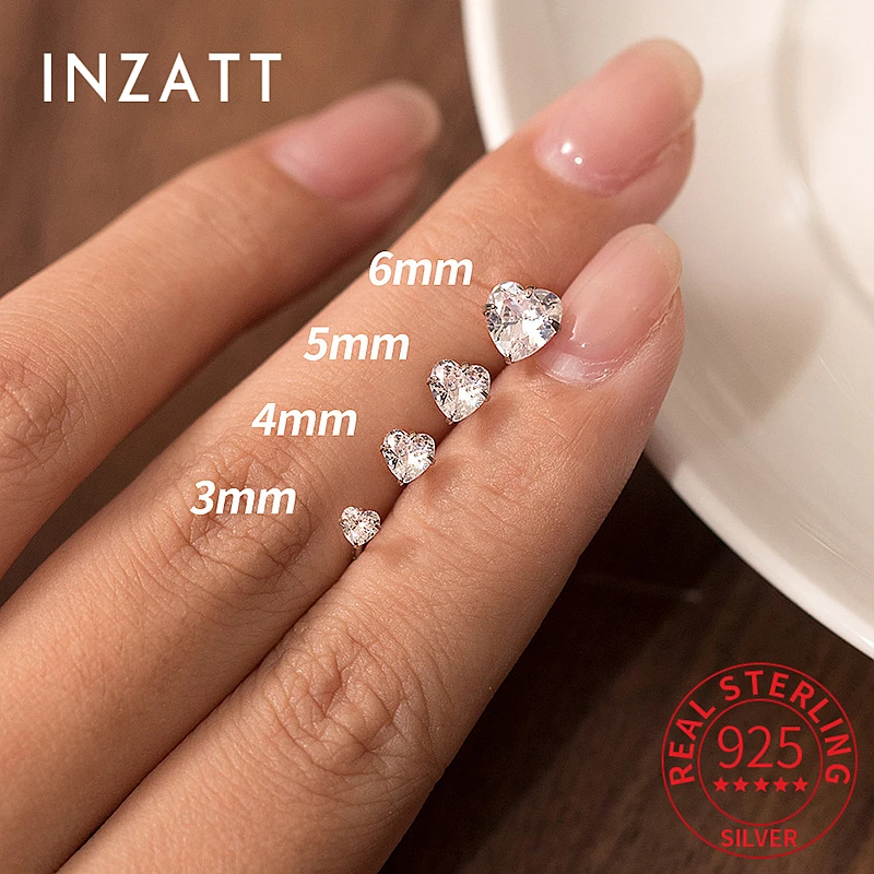 INZATT Real 925 Sterling Silver Zircon Heart Stud Earrings for Fashion Women Cute Fine Jewelry Minimalist Accessories