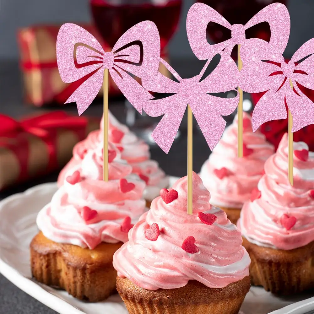 24 Stück Glitzer-Schleifen-Cupcake-Topper mit Schleife, Kuchen-Picks, Schleife, Thema, Party-Zubehör, Baby, Mädchen, Junge, Geburtstag, Hochzeit, Party-Dekoration