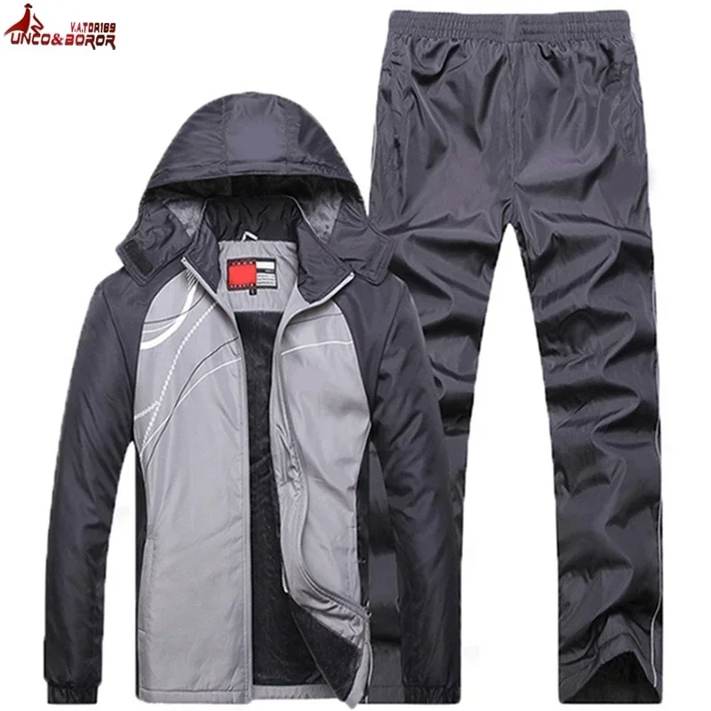 Winter Tracksuit Men thicken fleece Jacket+Pants Two Piece Basketball Sports Set Fur Hooded Sportswear Sweatpants Track Suit Men