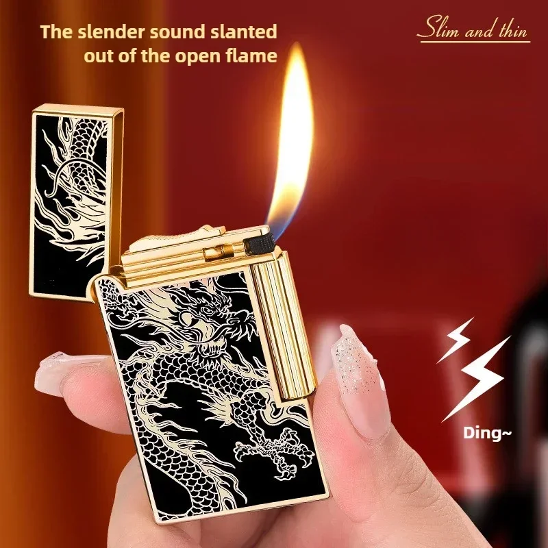 Slim Steel Sounding Light Luxury Retro Lighter, Inflatable Open Flame Side Sliding Grinding Wheel Inclined Fire Metal Lighter