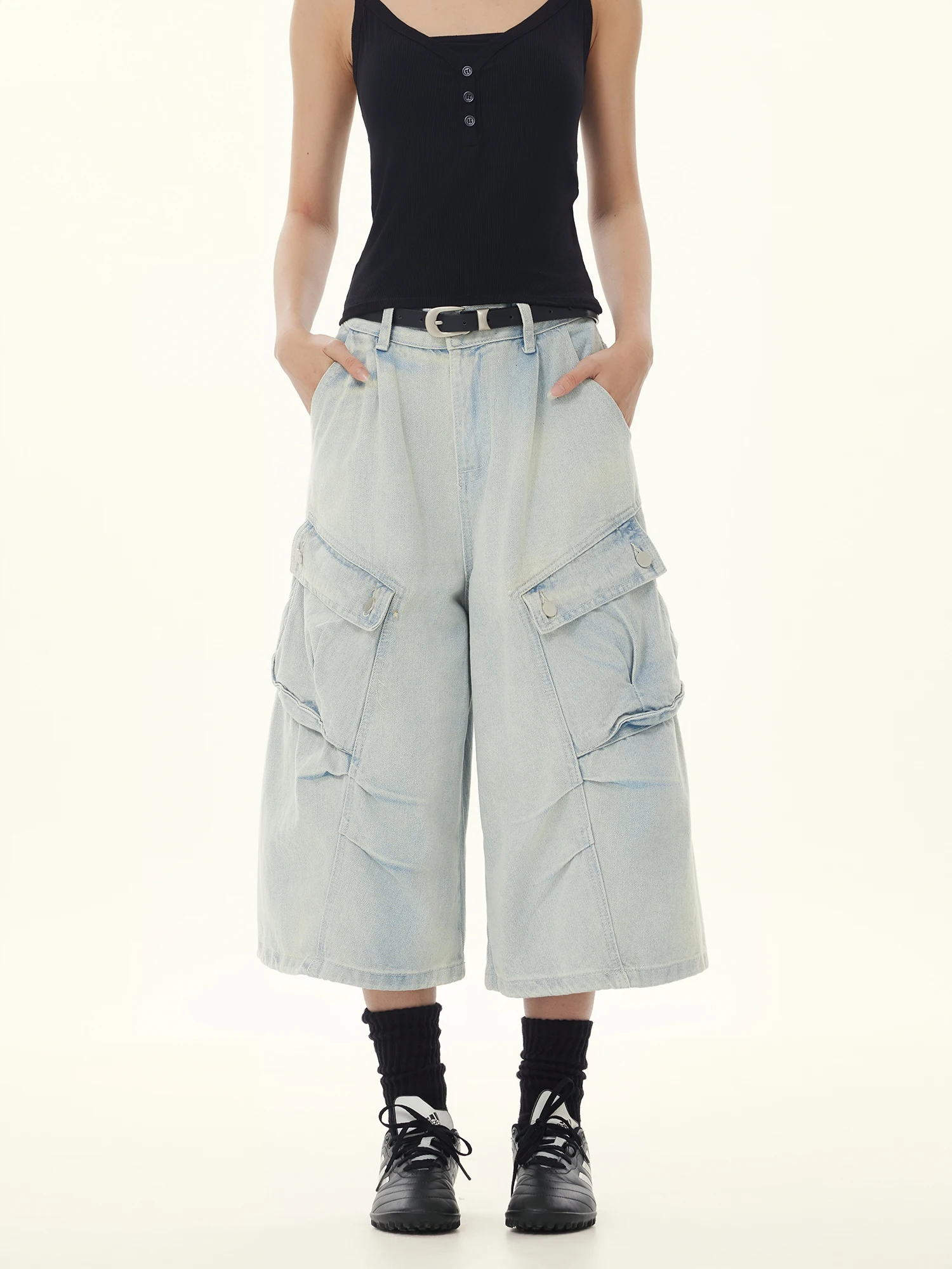 

Wild Aziz American Retro Waed Denim orts Loose Wide Leg Men Women Casual Vintage Sle ket Detail Summer Jeans orts