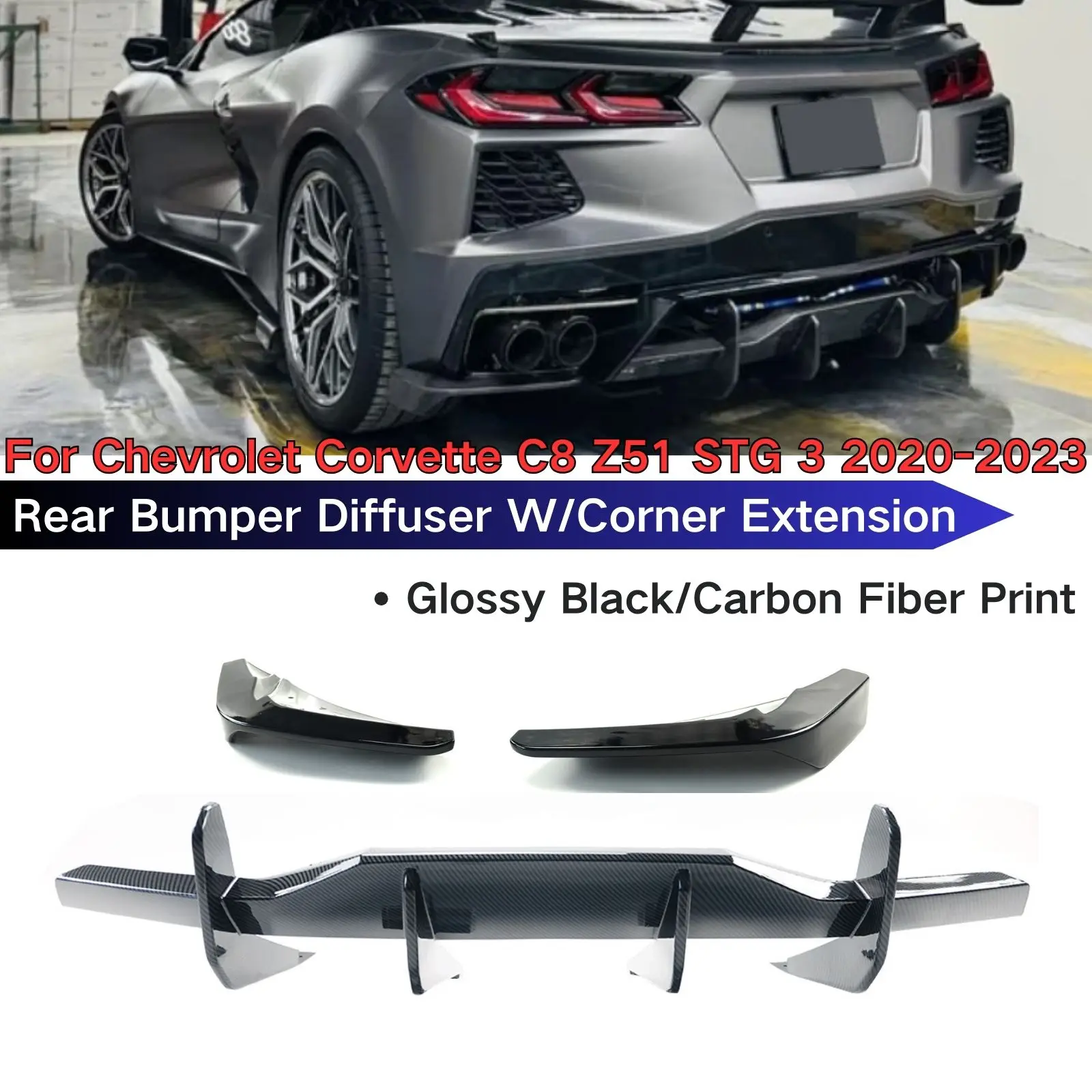 Corner Extension&Rear Bumper Diffuser For Chevrolet Corvette C8 Z51 STG 3 2020-2023 Spoiler Splitter Glossy Black Accessories