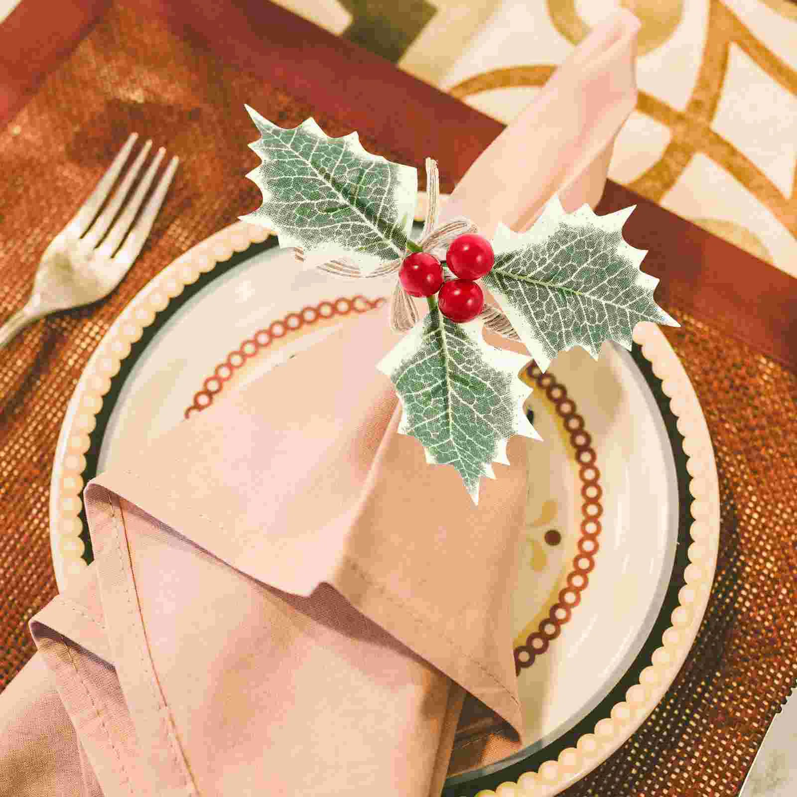 6 Pcs Christmas Napkin Rings Berry Decor Simple Table Serviette Bands Party Decorations Silk Cloth Gifts