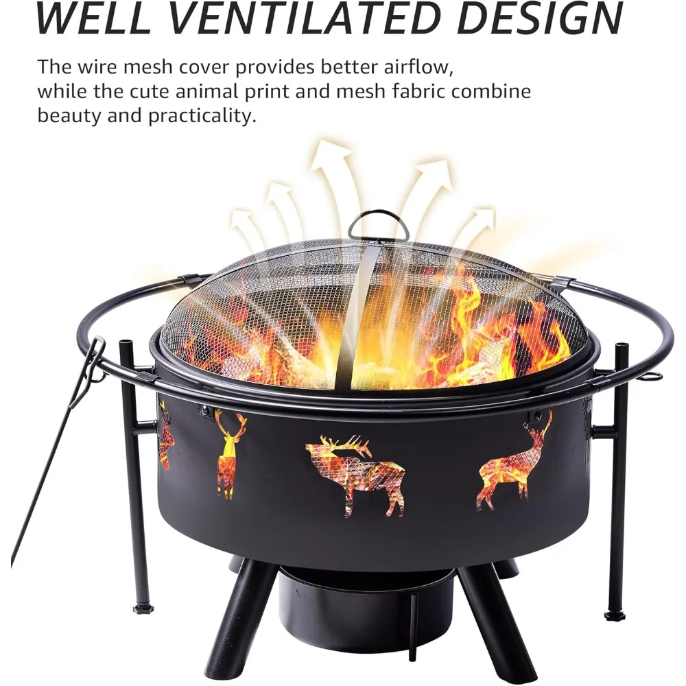 حفرة نار كبيرة مقاس 32 بوصة مع شوايتين، حفرة نار لحرق الخشب في الهواء الطلق مع شبكة طبخ وغطاء لعبة البوكر وغطاء دائري مقاوم للماء f #5