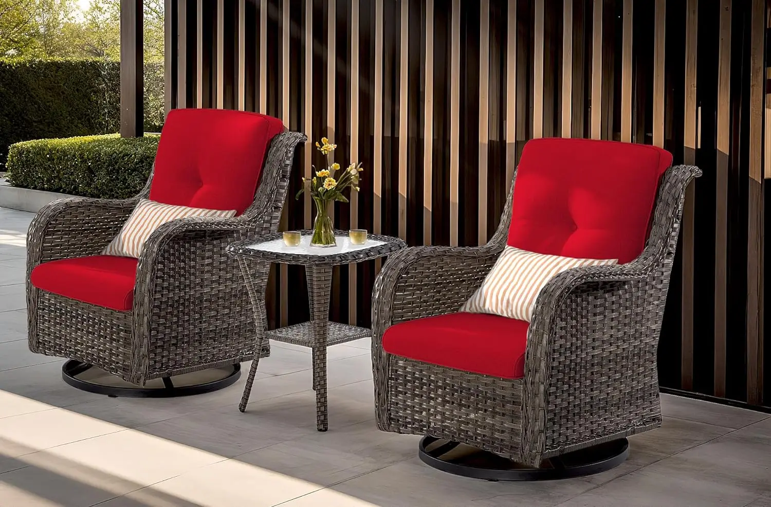 Outdoor Swivel Rocker Patio Cadeiras Set, Wicker Patio Bistro Set, Premium Fabric Cushions, 2 e Matching Side Table, 3 pcs