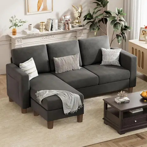 Convertible Sectional Sofa Couch, 3 Seat L-Shaped Sofa with Linen Fabric Ottoman Small Couch for Small Apartments, Living Room