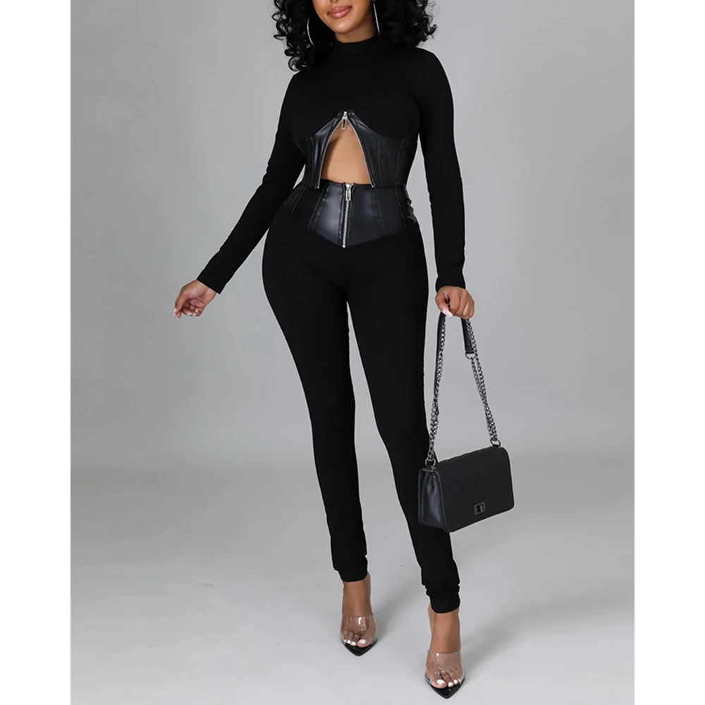 Long Sleeve Top and Skinny Pants Set for Women Contrast PU Leather Zipper Design Casual Streetwear, Slim Fit, Two Suit Sets, Y2K