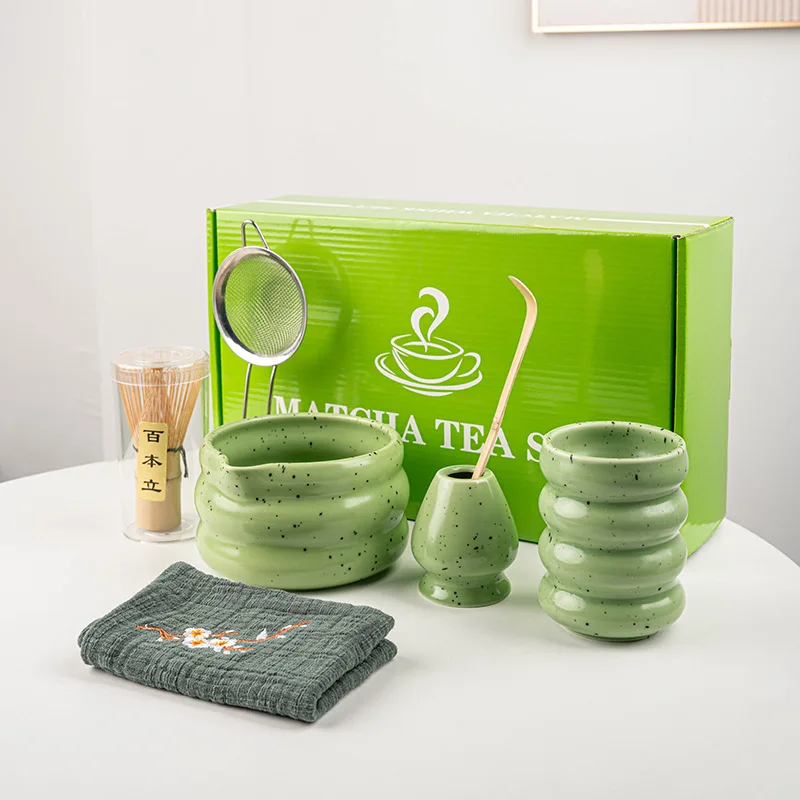 Matcha Set 7 piezas Kit Matcha con cuenco Matcha de cerámica moteada mate de moda batidor de bambú soporte de cuchara caja de regalo de ceremonia completa