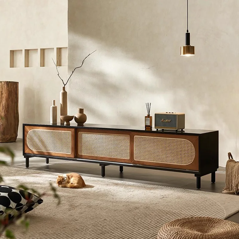 

Retro silent wind rattan solid wood TV cabinet small apartment storage cabinet living room medieval homestay hotel storage