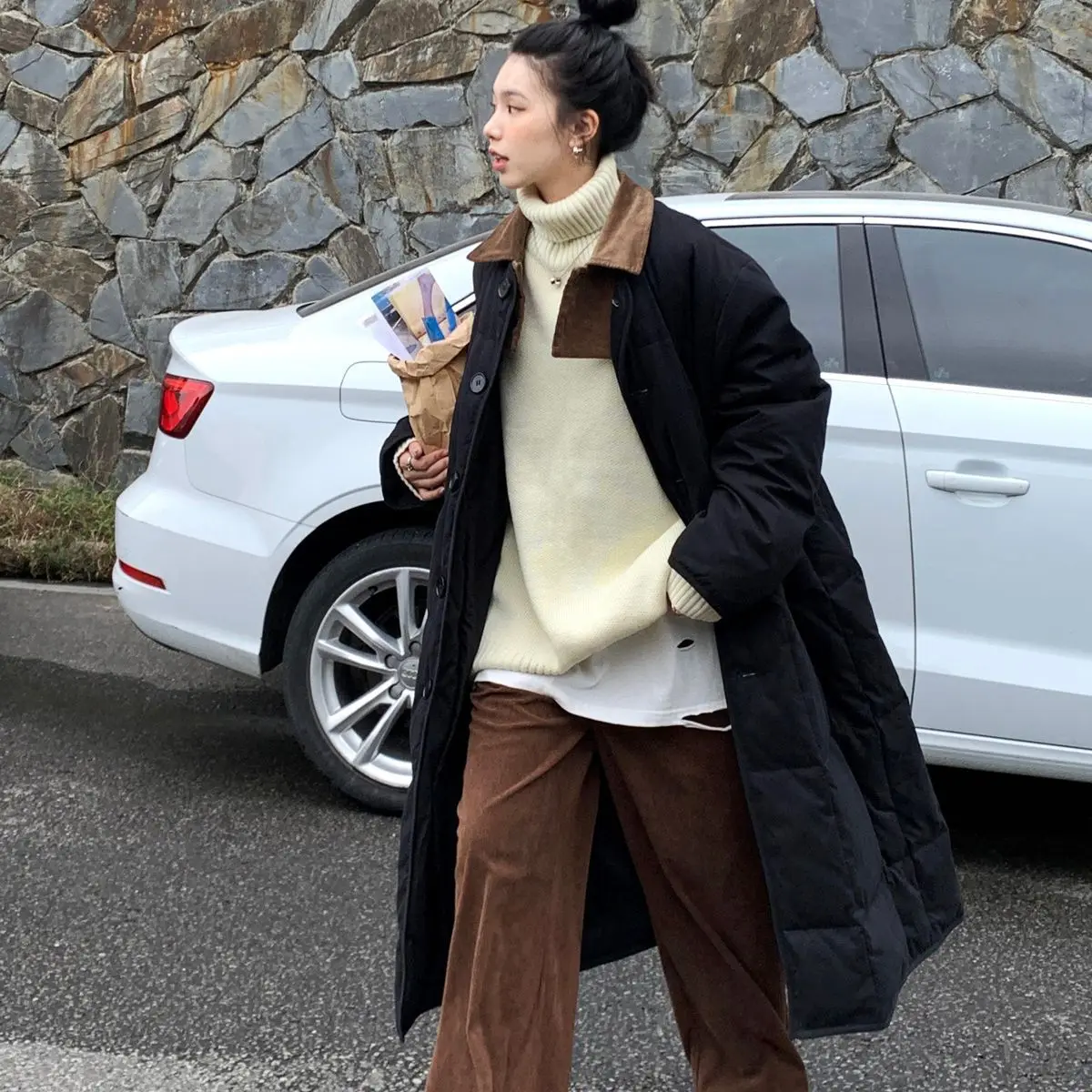Cotton Jacket for Women in Winter Medium to Long Korean Version Small Fragrance Style Cotton Jacket Loose and Thick Retro Style