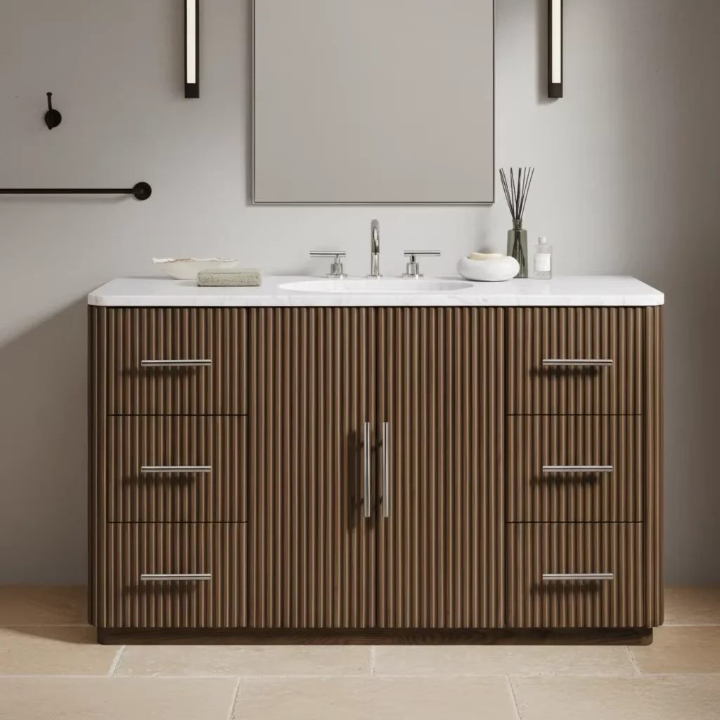 # Bathroom Furniture Wooden Cabinet Oak Wood Base Marble Top Double Vanity With Sink