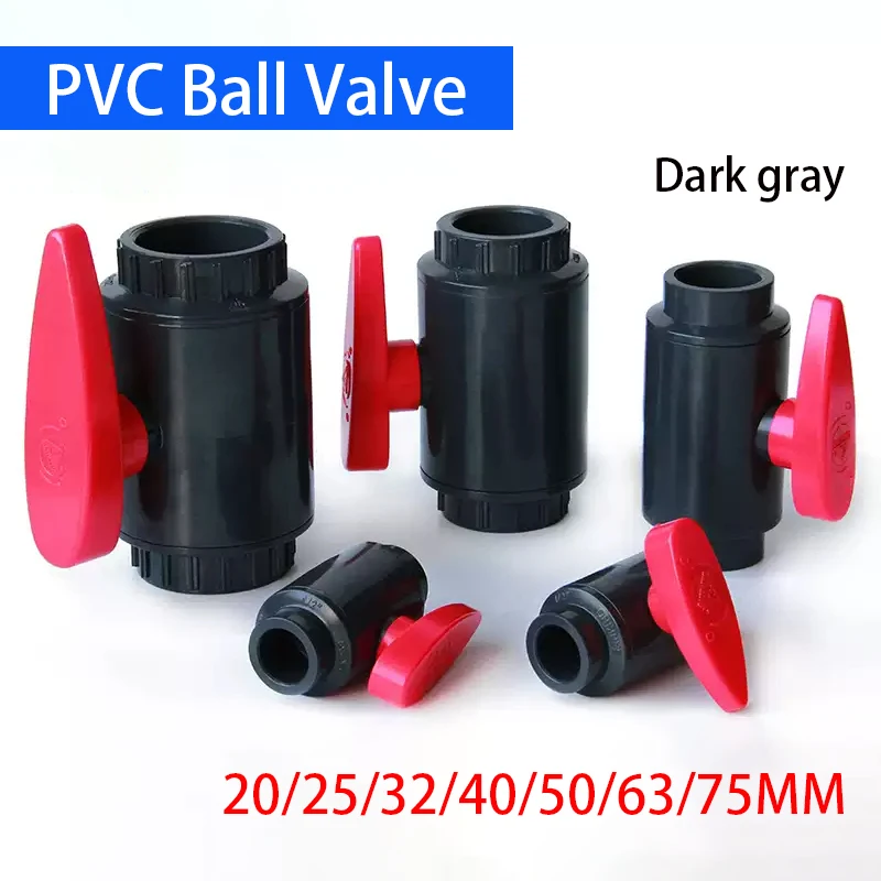 

1PC 20/25/32/40/50/63/75mm Dark Grey PVC Ball Valve Pipe Socket Ball Valve Aquarium Fish Tank Connectors Fittings