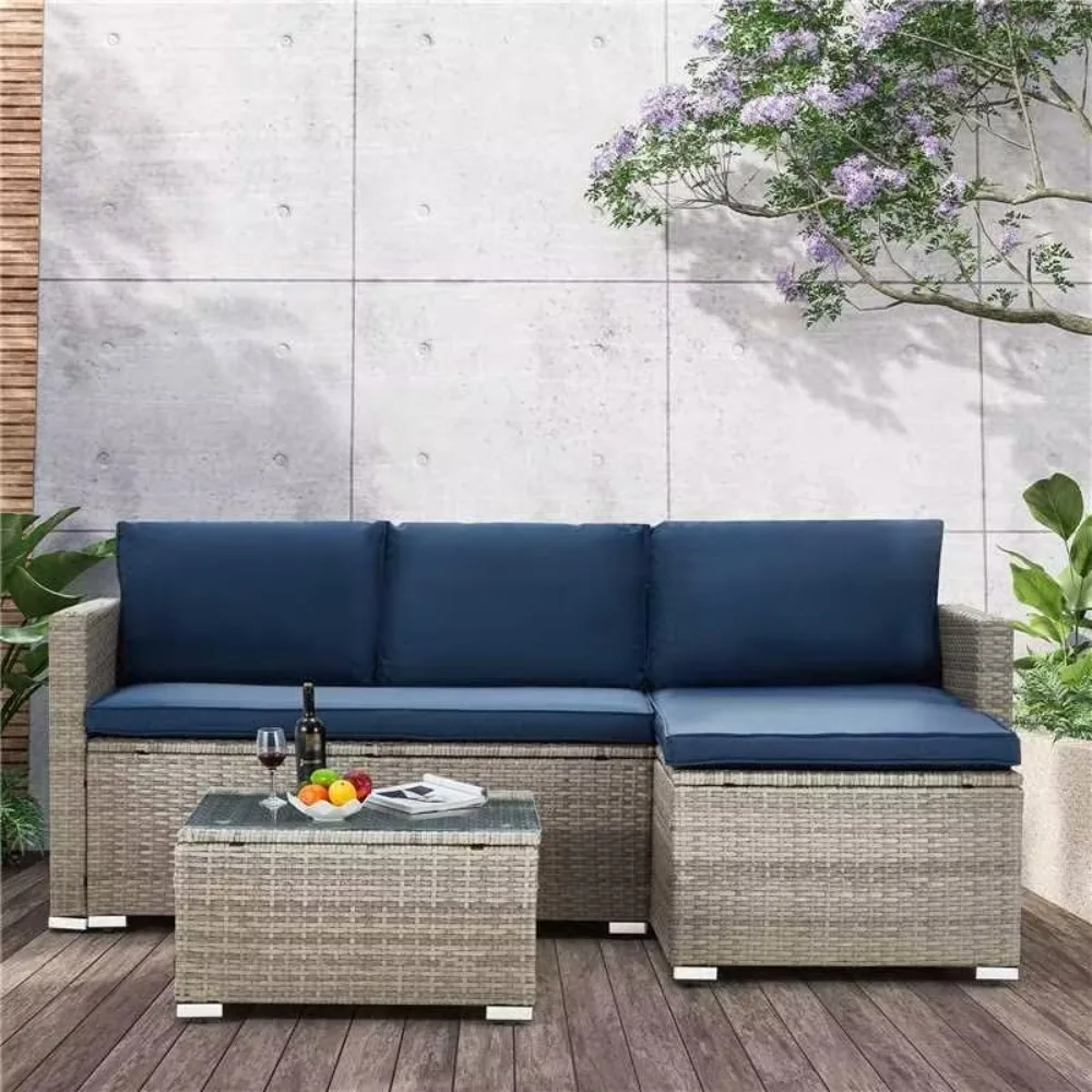 Outdoor Patio Furniture Set All-Weather Wicker Rattan Sectional Sofa with Tempered Glass Table and Washable Cushions