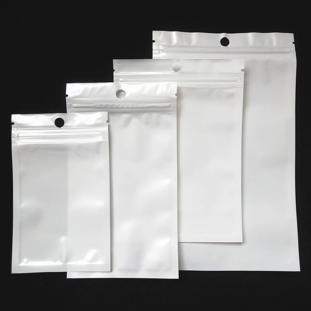 50pcs White Zipper Bag Self-Seal Plastic Retail Packaging Clear Pack Poly Opp Bag Ziplock Storage Bags With Hang Hole