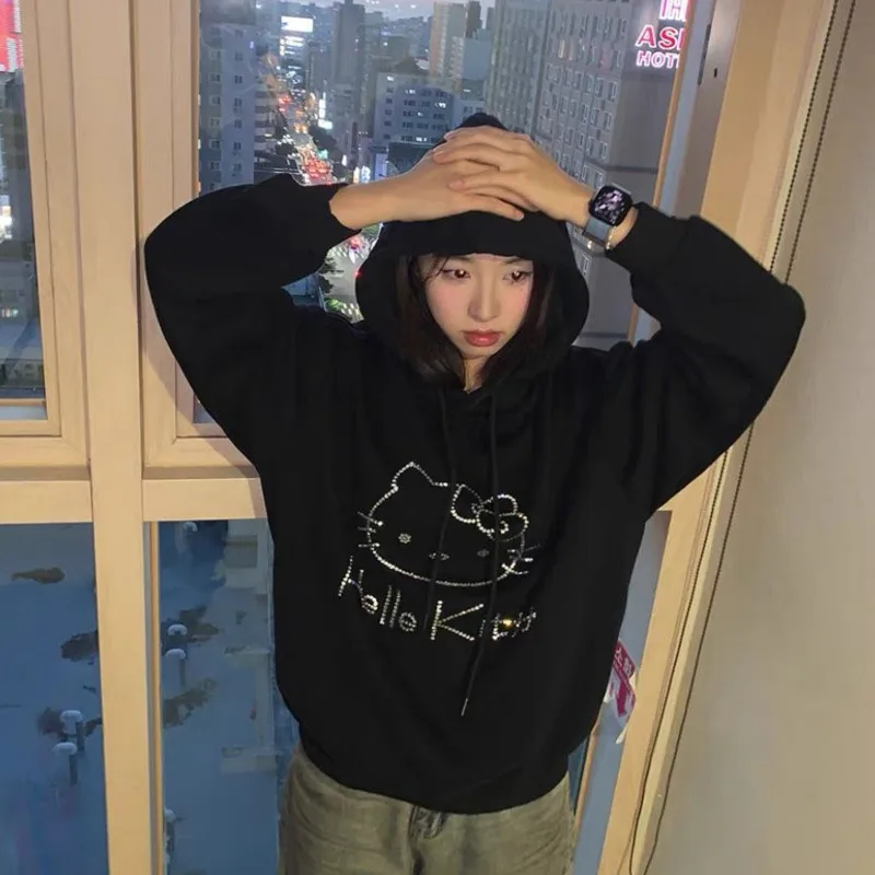 Miniso Rhinestone Hellokitty Black Plush Hoodies Cartoon KT Hooded Sweaters Student Cotton Streetwear Pullovers Women Clothing