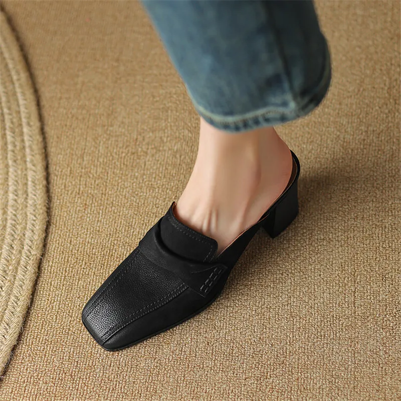 2023 Summer Women Shoes Genuine Leather Shoes Women Simple Retro Women Slippers Chunky Heel Shoes Square Toe Slippers Mules