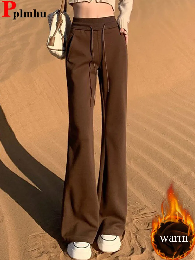 

Snow Wear Тонкие расклешенные брюки Зимние теплые эластичные брюки с высокой талией на бархатной подкладке Женские повседневные утепленные однотонные брюки на шнуровке Новинка