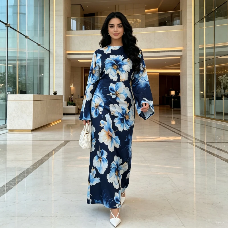 Robe longue pour femme Aïd Ramadan Abaya imprimé floral Soirée Musulmane 2026 Djellaba Marocaine Caftan Dubaï Islamique Arabe