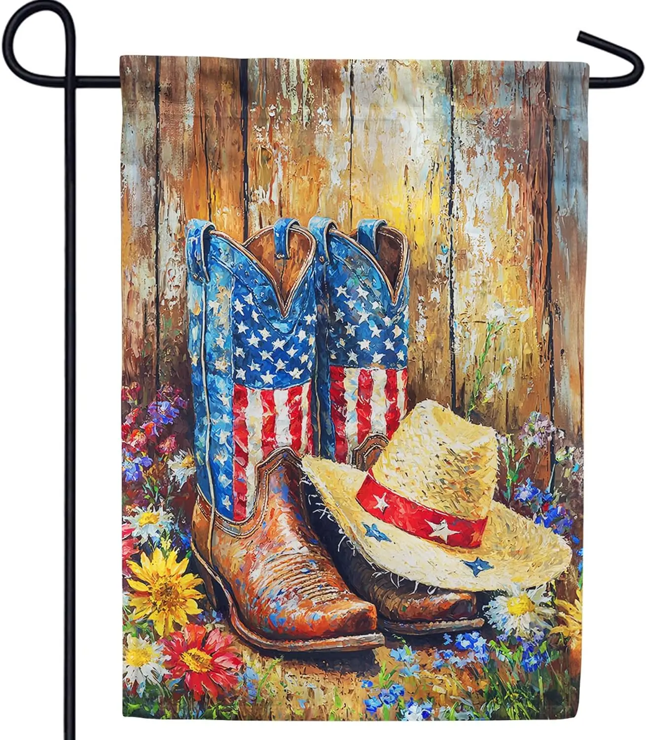 America Forever Patriotic Western Boots Garden Flag, 12.5 x 18 inch Double Sided, Cowboy Boots Hat with Sunflowers, Oil Pain IIC