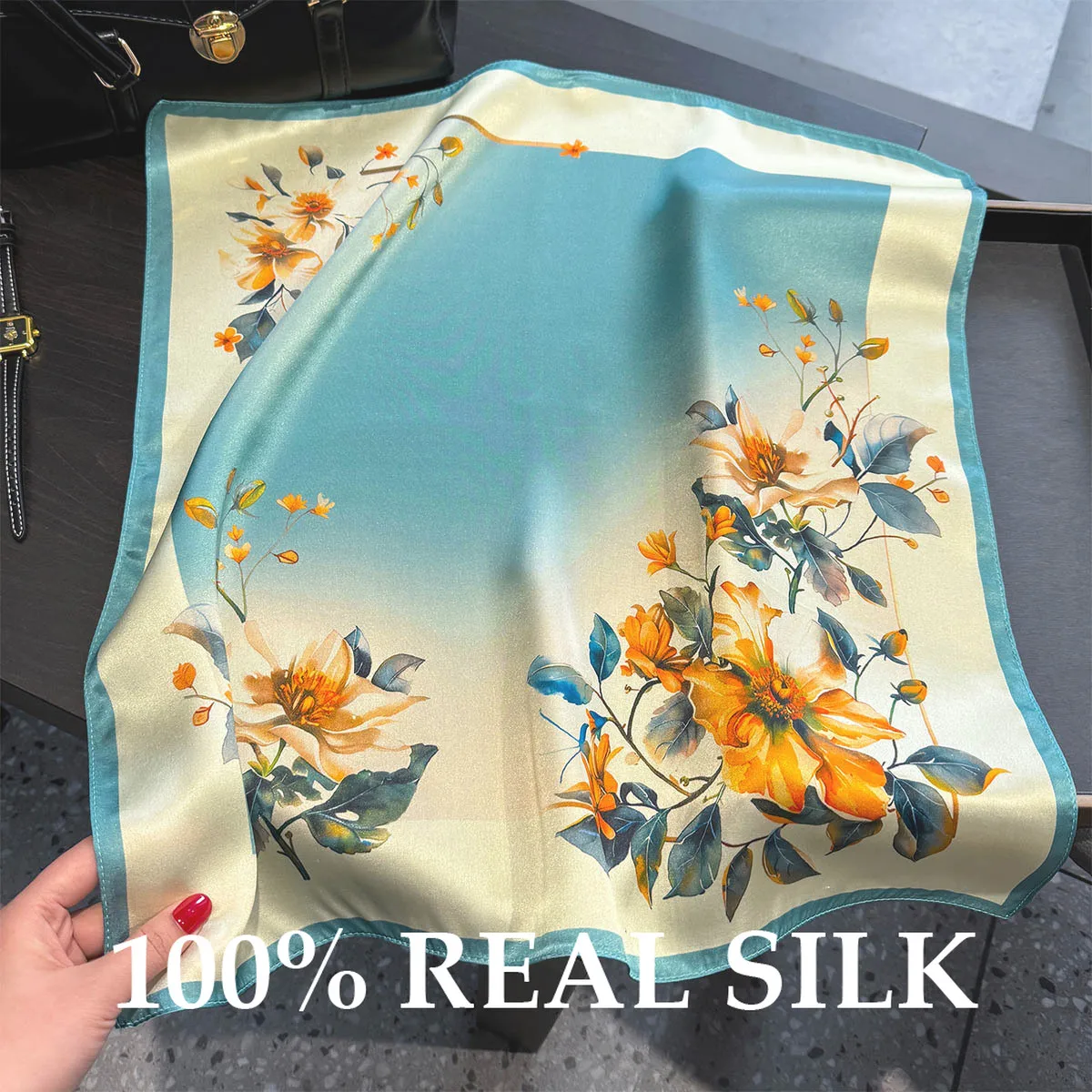 

100% натуральный шелковый платок для женщин: дорожный, пляжный, хиджаб, пончо, бандана, модный, 53 см, легкий, тонкий, солнцезащитный, квадратный, шарф-шаль, накидка